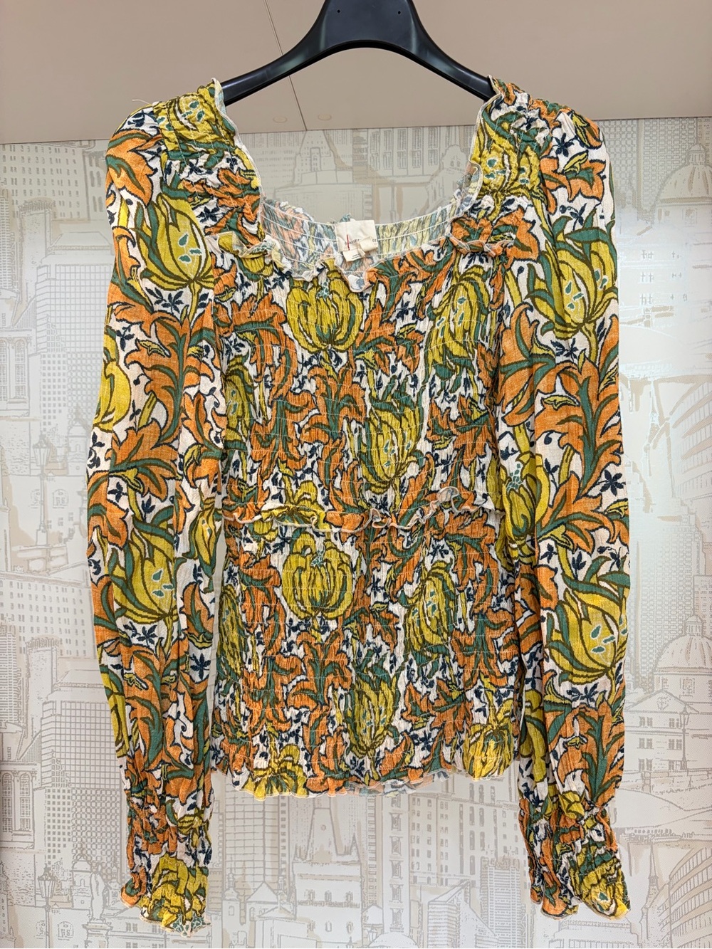 Anthropologie Floral Smocked Peasant Blouse - Yellow & Orange & Green
